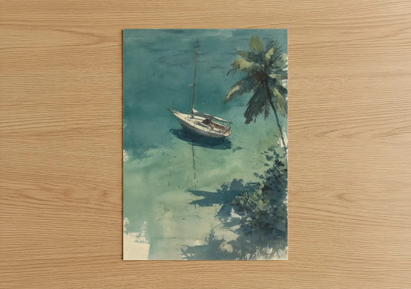 Tropical Sailboat Mooring Watercolor Wall Art
