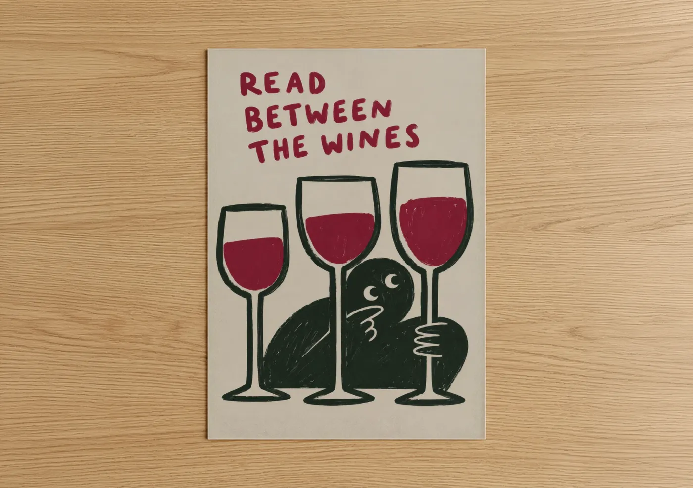 Reading art print on warm oak wood — red and black palette — Read Between The Wines Humorous Wall Art poster