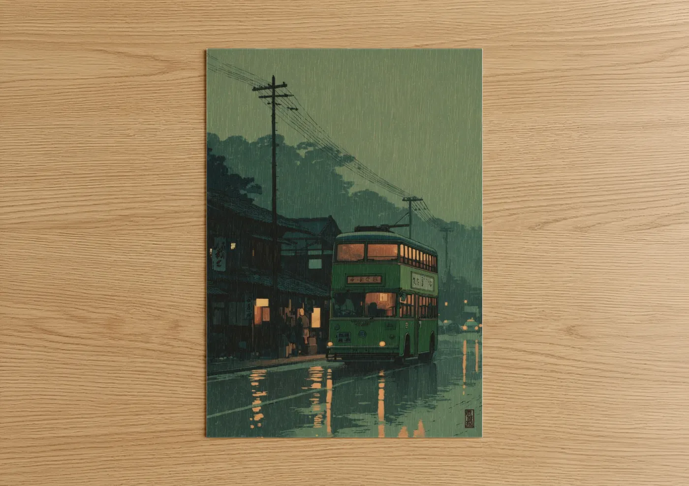 Vintage Green Bus in Rain Japanese Wall Art