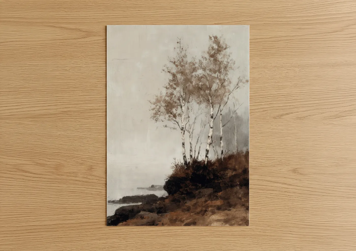 Riverside Birch Trees Watercolor Painting Wall Art