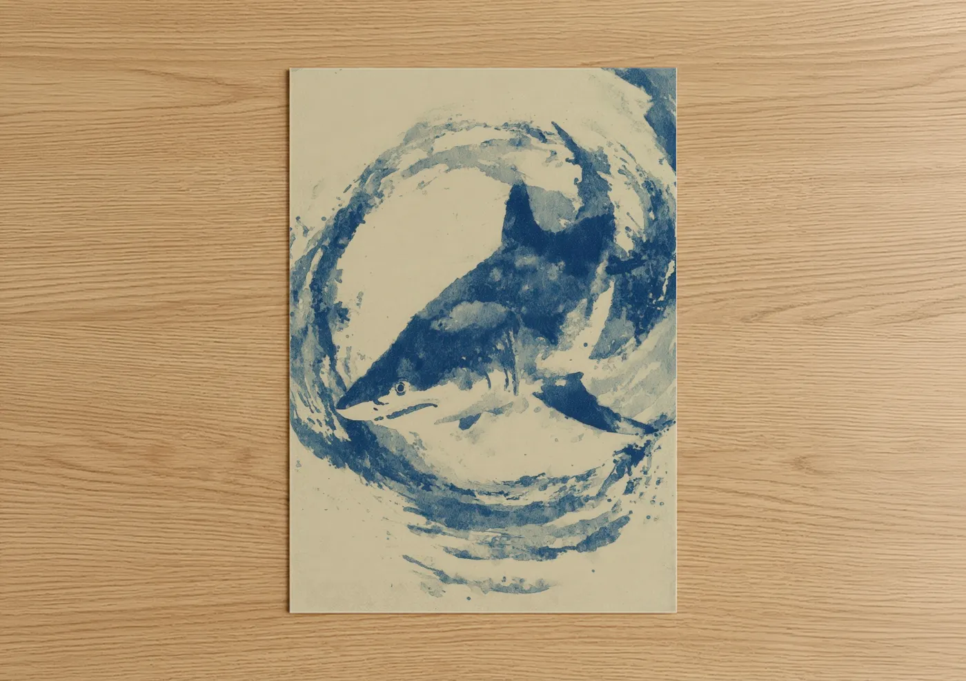Blue Shark Abstract Swirl Watercolor Wall Art