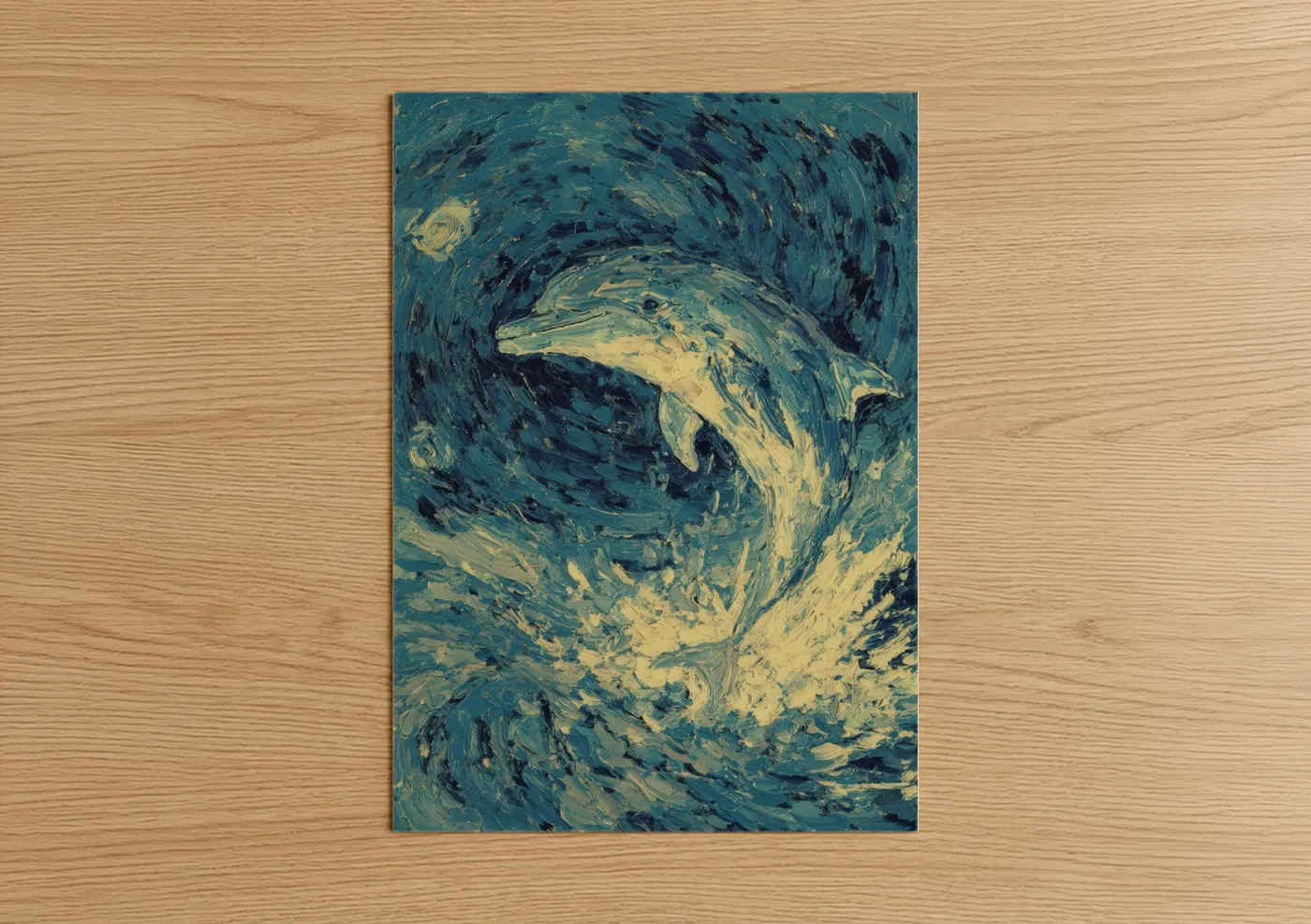 Art print on warm oak wood — teal and gold palette — Swirling Dolphins poster