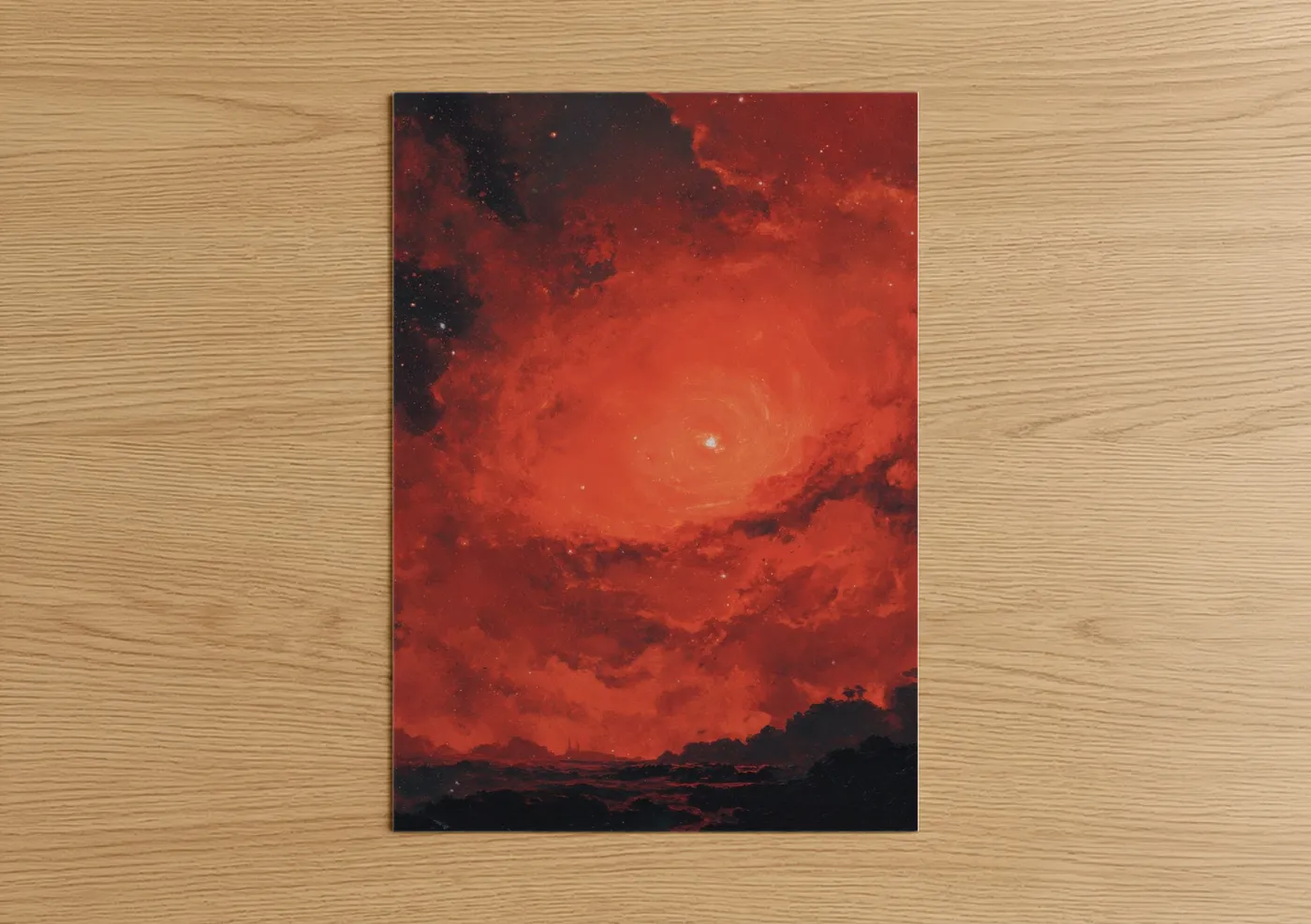 Art print on warm oak wood — red and black and red palette — Crimson Star Nebula poster