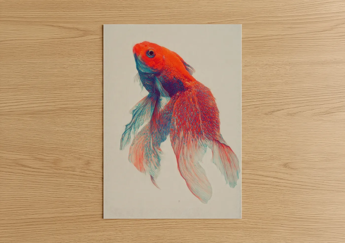 Art print on warm oak wood — red and teal palette — Crimson Betta Goldfish poster