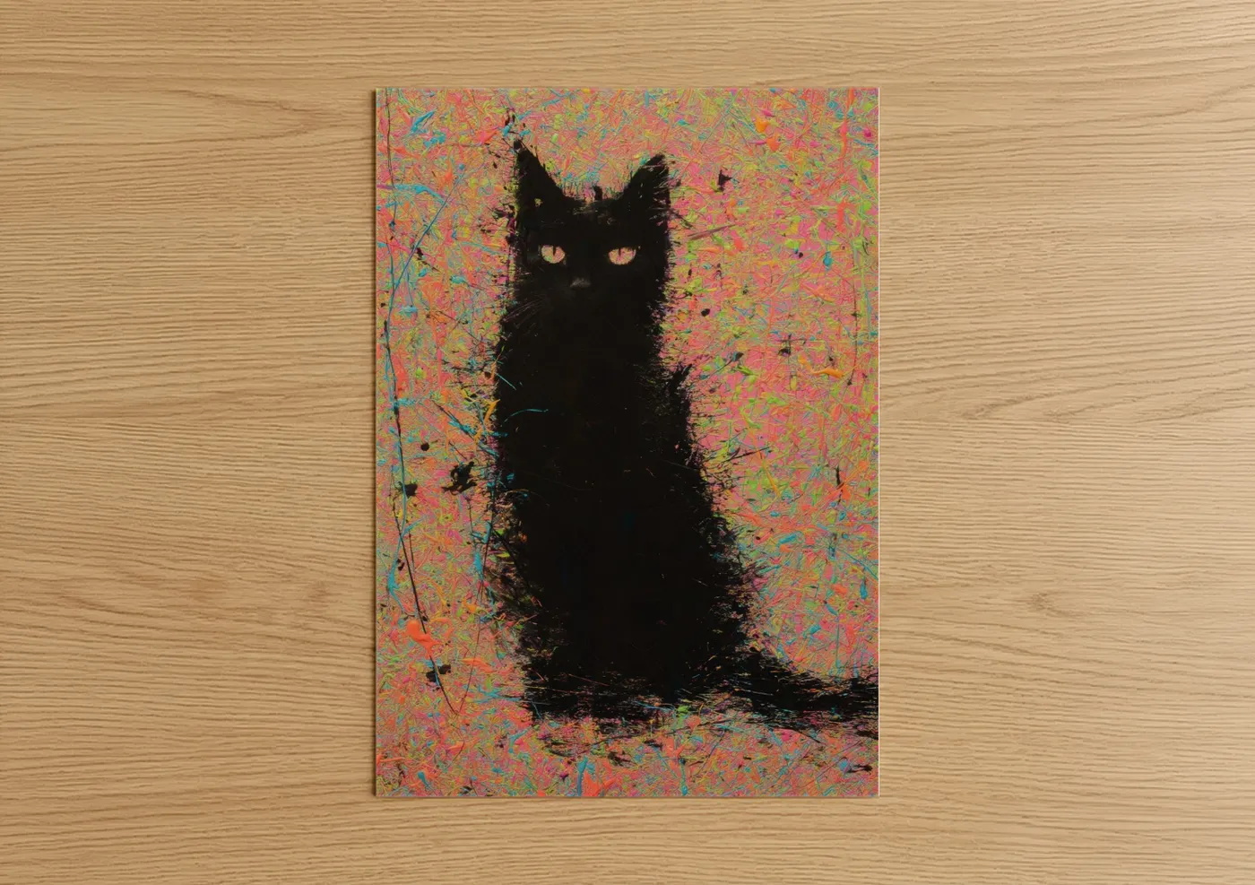 Art print on warm oak wood — magenta and lime green palette — Neon Cat poster