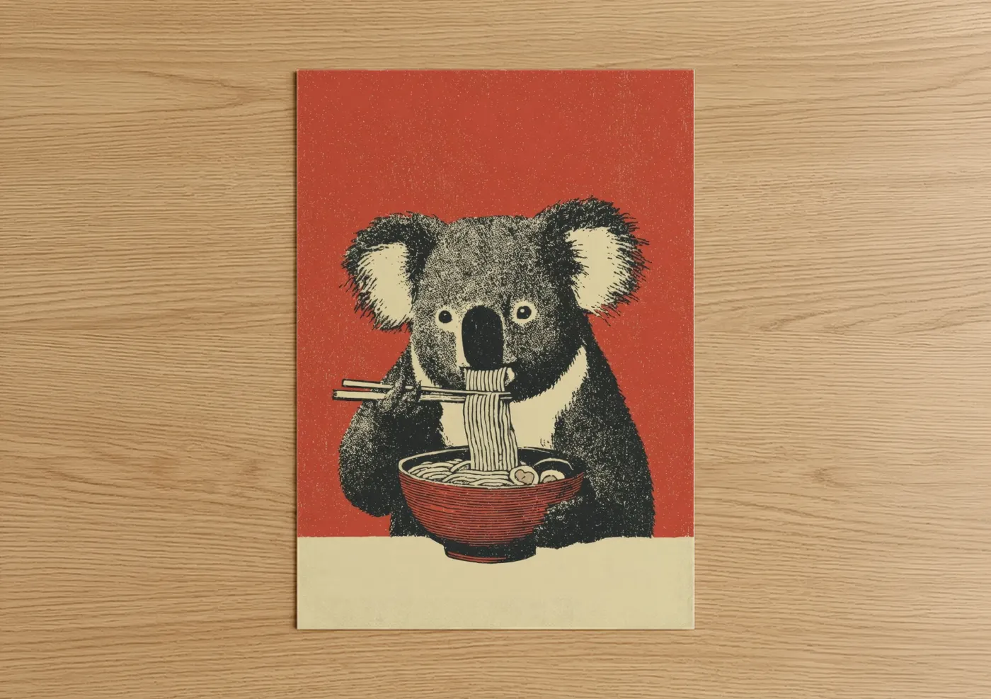 Koala Eating Noodles Japanese Woodblock Wall Art
