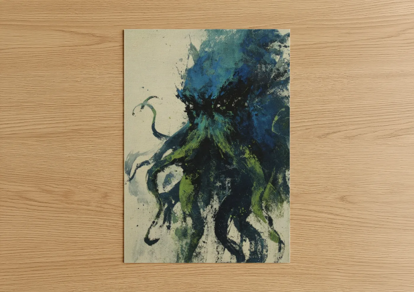 Art print on warm oak wood — blue and green palette — Cosmic Cthulhu poster