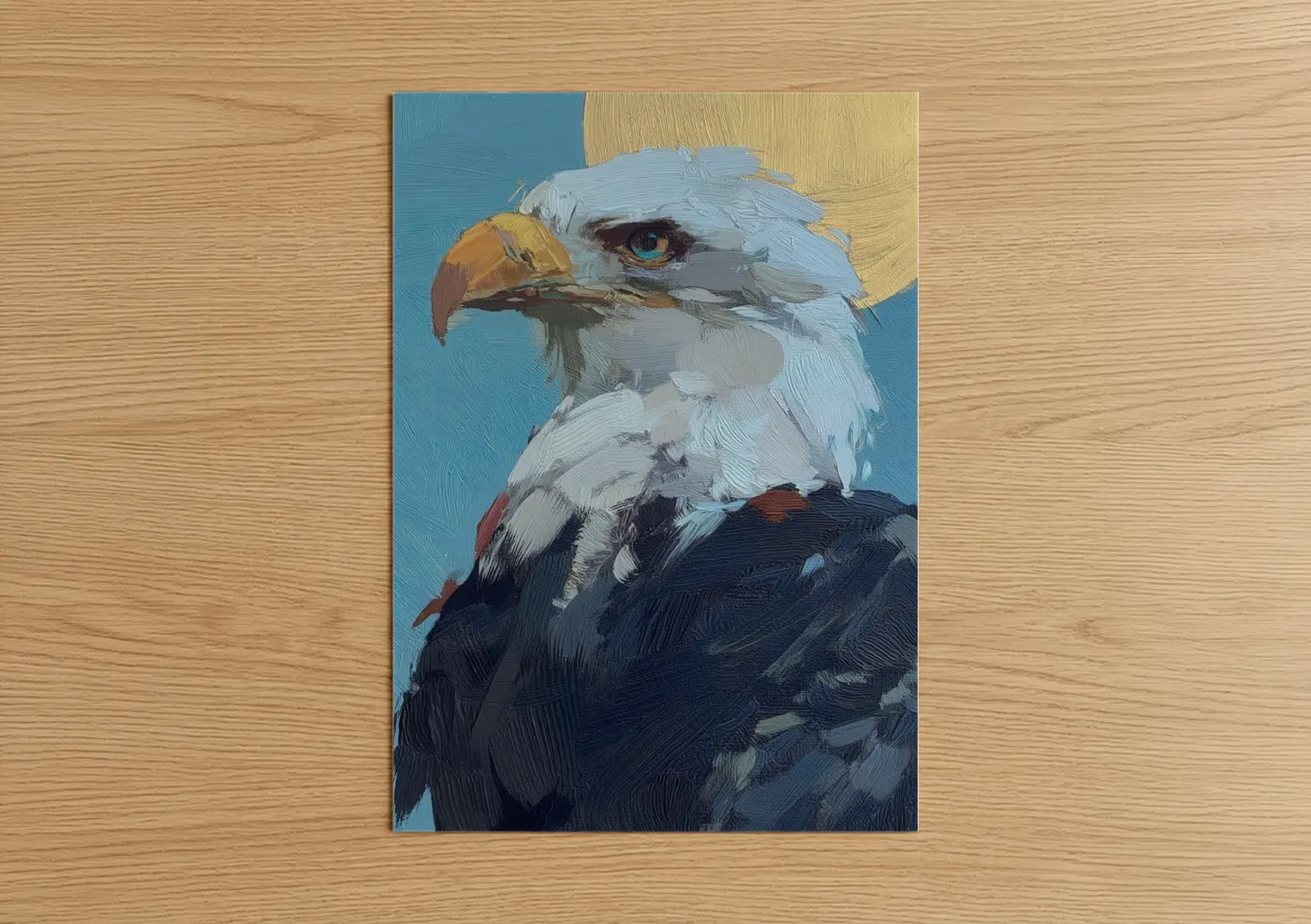 Art print on warm oak wood — blue and gold palette — Golden Eagle Portrait poster