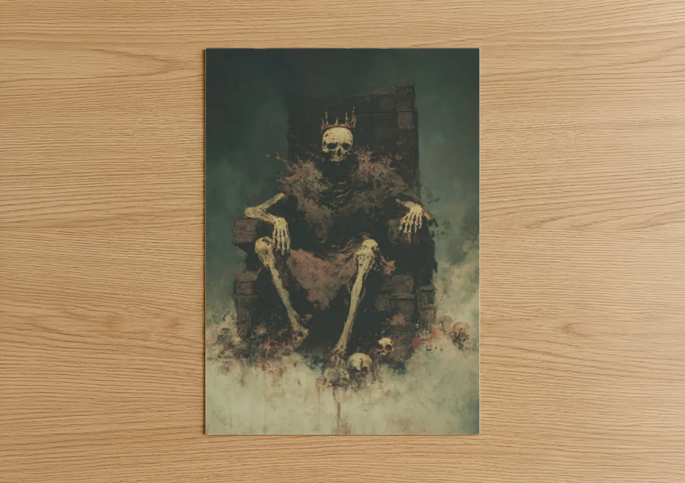 Zombie art print on warm oak wood — dark green and cream palette — Throne of Death poster