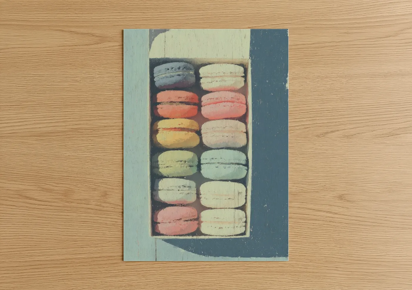 Fast food art print on warm oak wood — cream and peach palette — Pastel Macarons poster