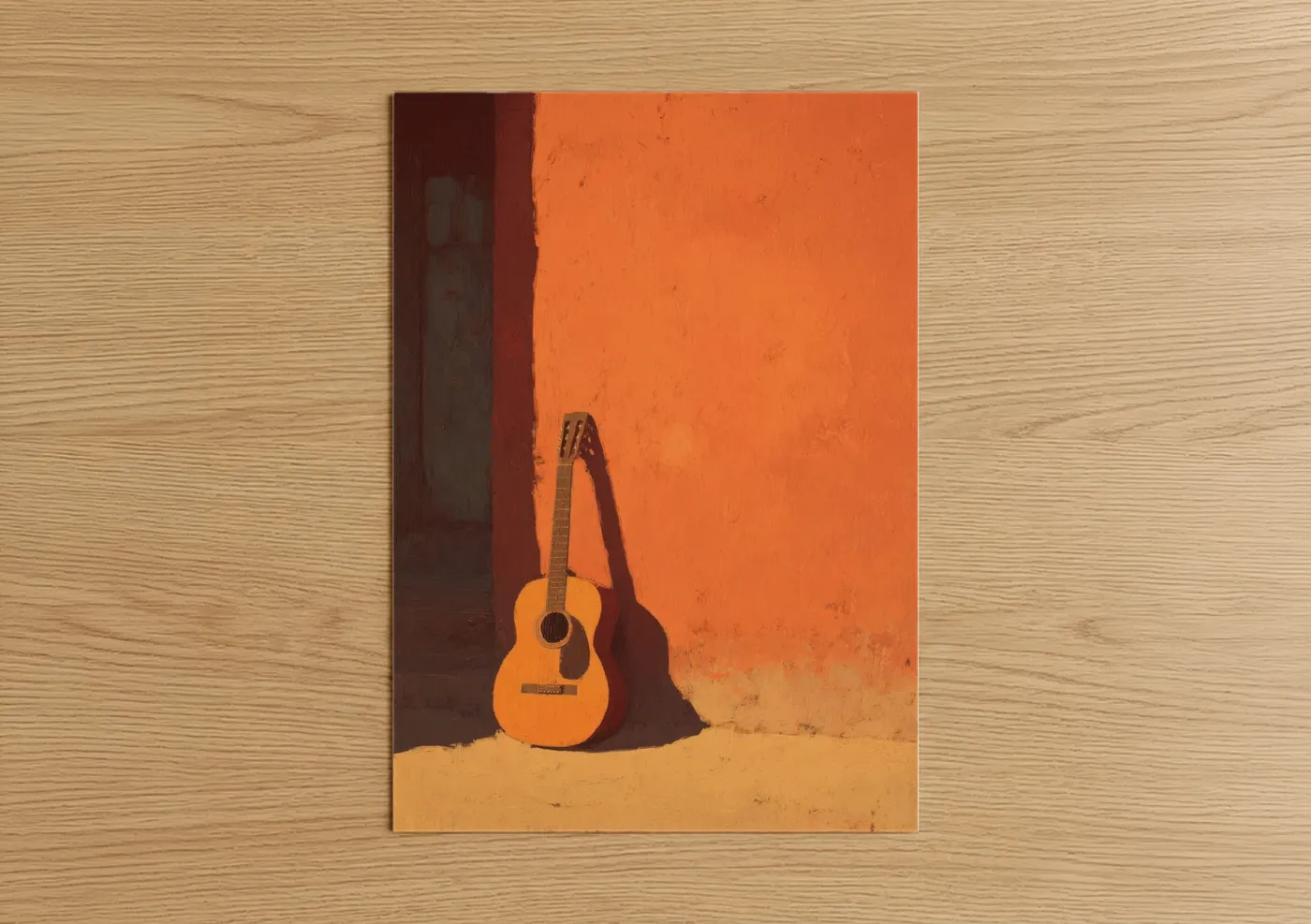 Art print on warm oak wood — orange and gold palette — Sunlit Acoustic Guitar poster