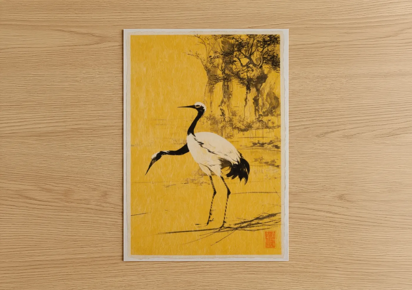Golden Crane Japanese Woodblock Wall Art