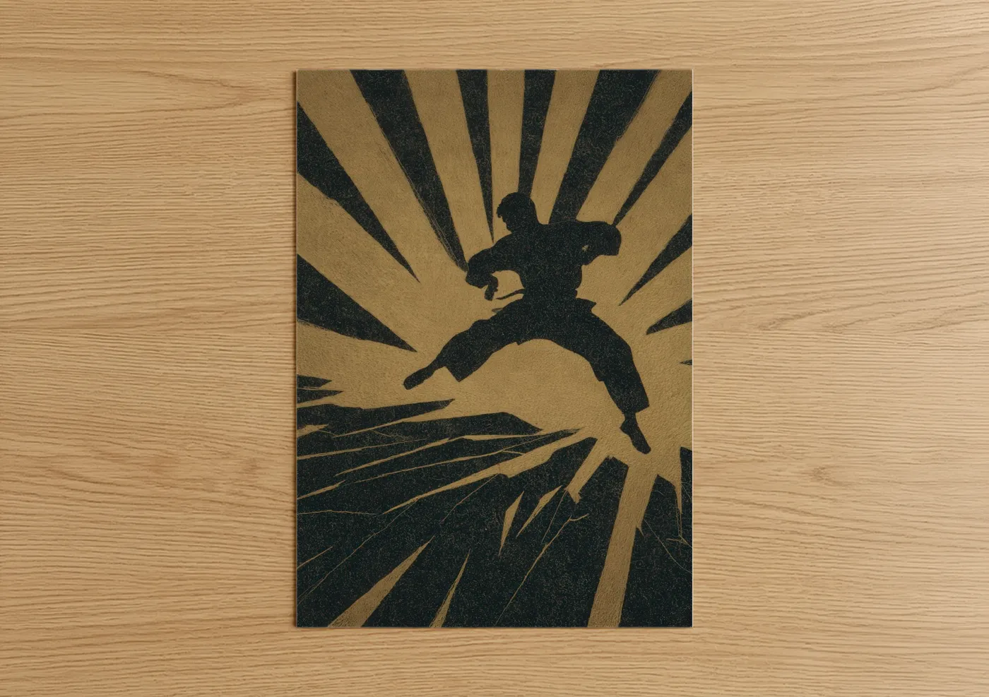 Art print on warm oak wood — beige and black palette — Dynamic Kung Fu poster