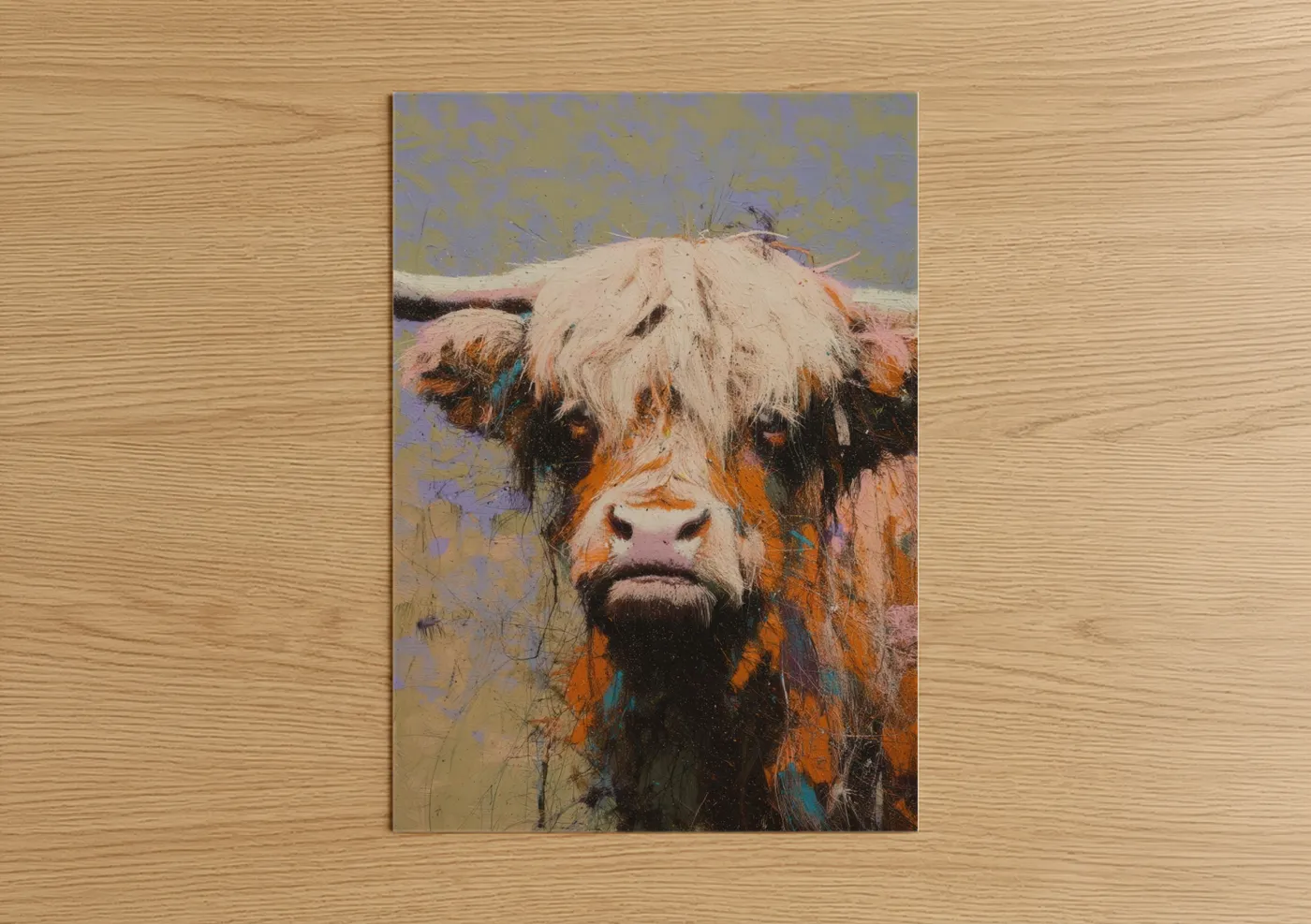 Highland cow art print on warm oak wood — orange and blue palette — Shaggy Highland Portrait poster