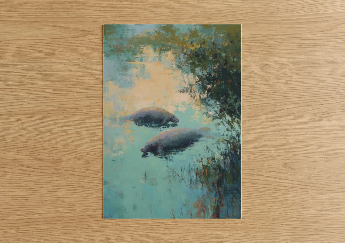 Art print on warm oak wood — teal and gold palette — Tranquil Manatees poster
