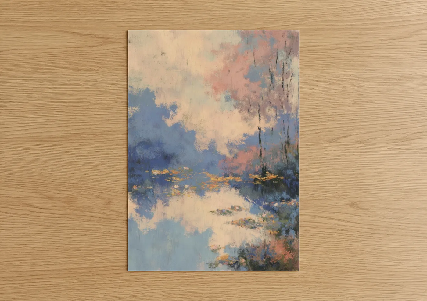Morning sky art print on warm oak wood — blue and cream palette — Misty Morning Reflection poster