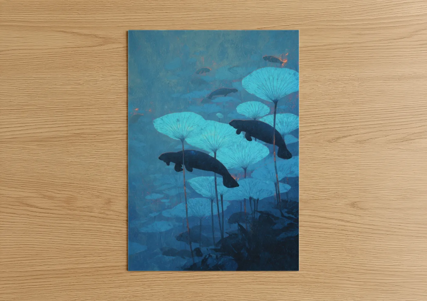 Art print on warm oak wood — blue and turquoise palette — Underwater Manatees poster