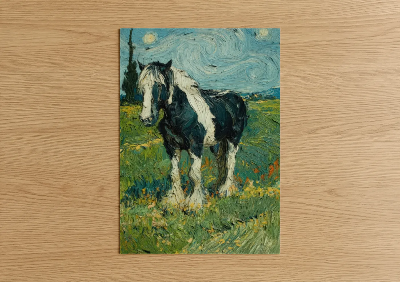 Clydesdale horse art print on warm oak wood — blue and white and green palette — Starry Night Horse poster
