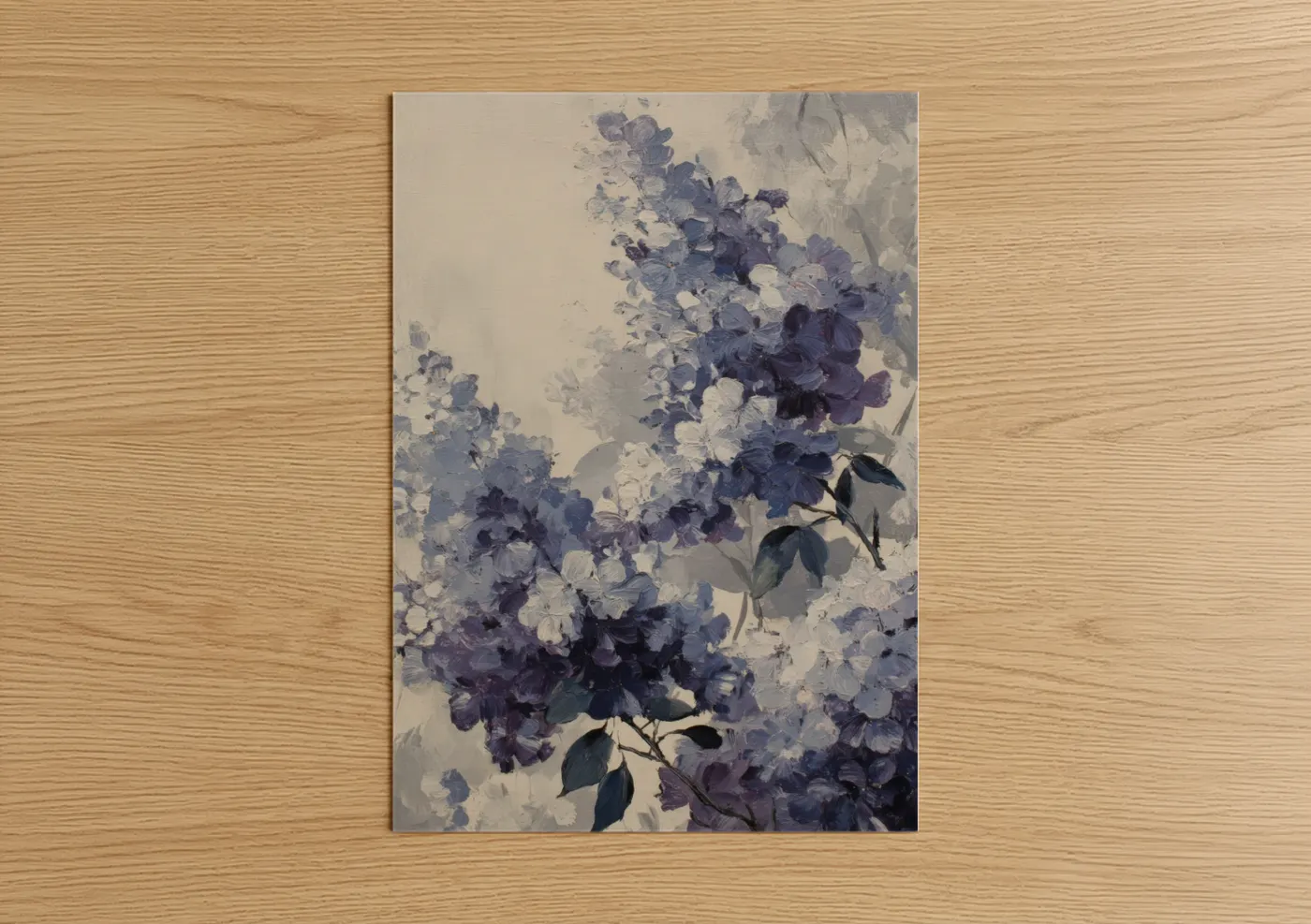 Art print on warm oak wood — lavender and blue and white palette — Misty Lilac poster