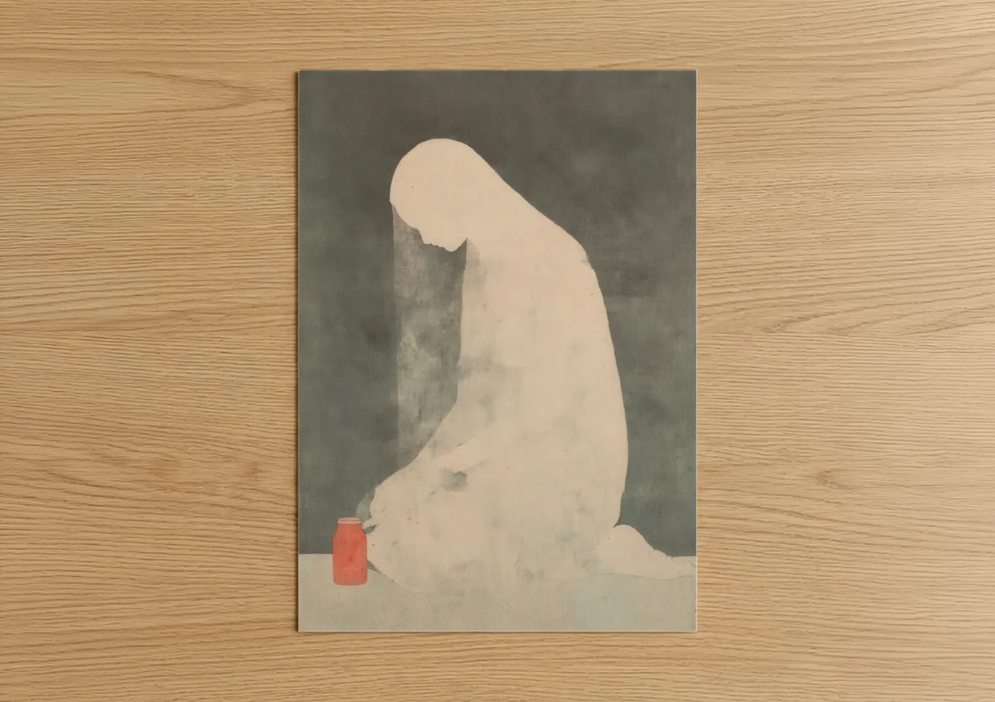 Mary magdalena art print on warm oak wood — cream and dove gray palette — Contemplative Magdalena poster