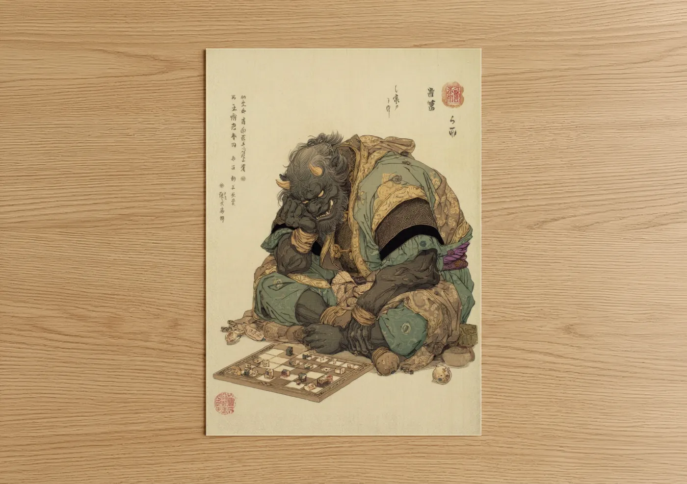 Art print on warm oak wood — dark green and gold and pink palette — Armored Orc Warrior poster