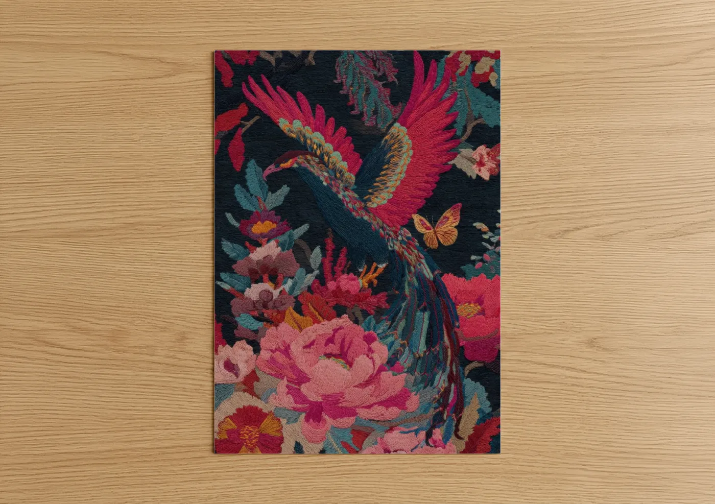 Art print on warm oak wood — magenta and dark blue palette — Crimson Phoenix Griffin poster