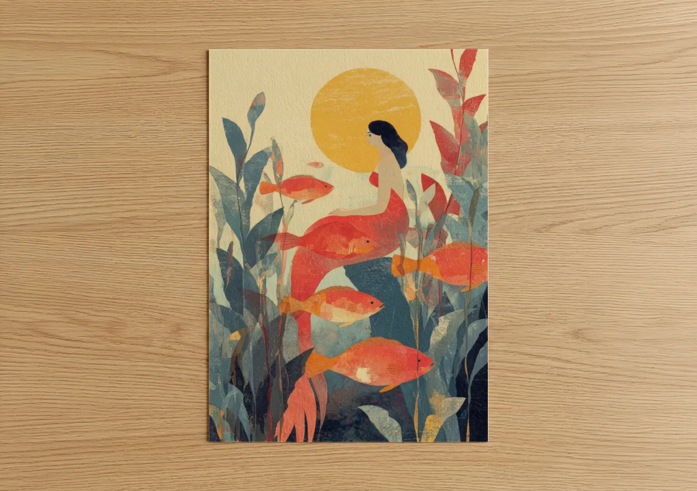 Art print on warm oak wood — yellow gold and teal palette — Golden Hour Mermaid poster