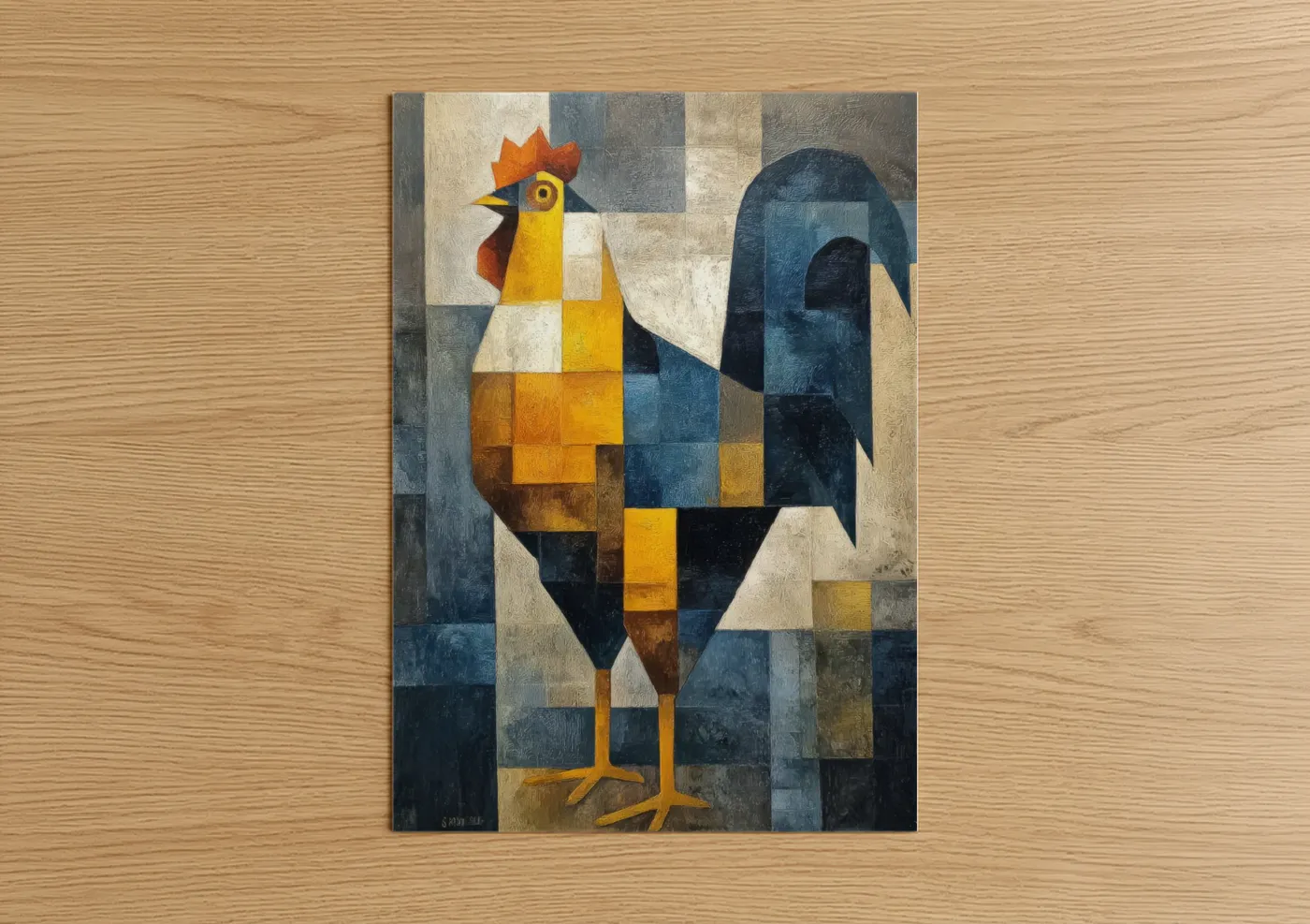 Chicken and roosters art print on warm oak wood — dark blue and yellow gold palette — Geometric Rooster poster
