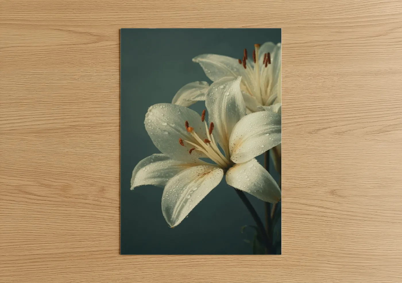 Dewy White Lily Flowers with Raindrops Wall Art