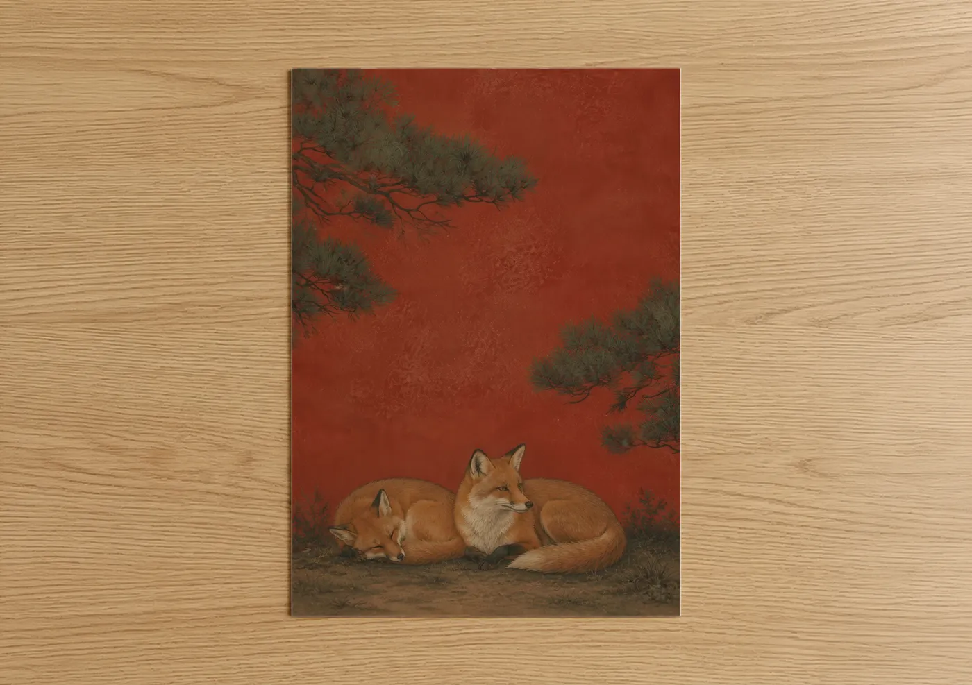Art print on warm oak wood — red and orange palette — Japanese Fox And Pine Wall Art poster