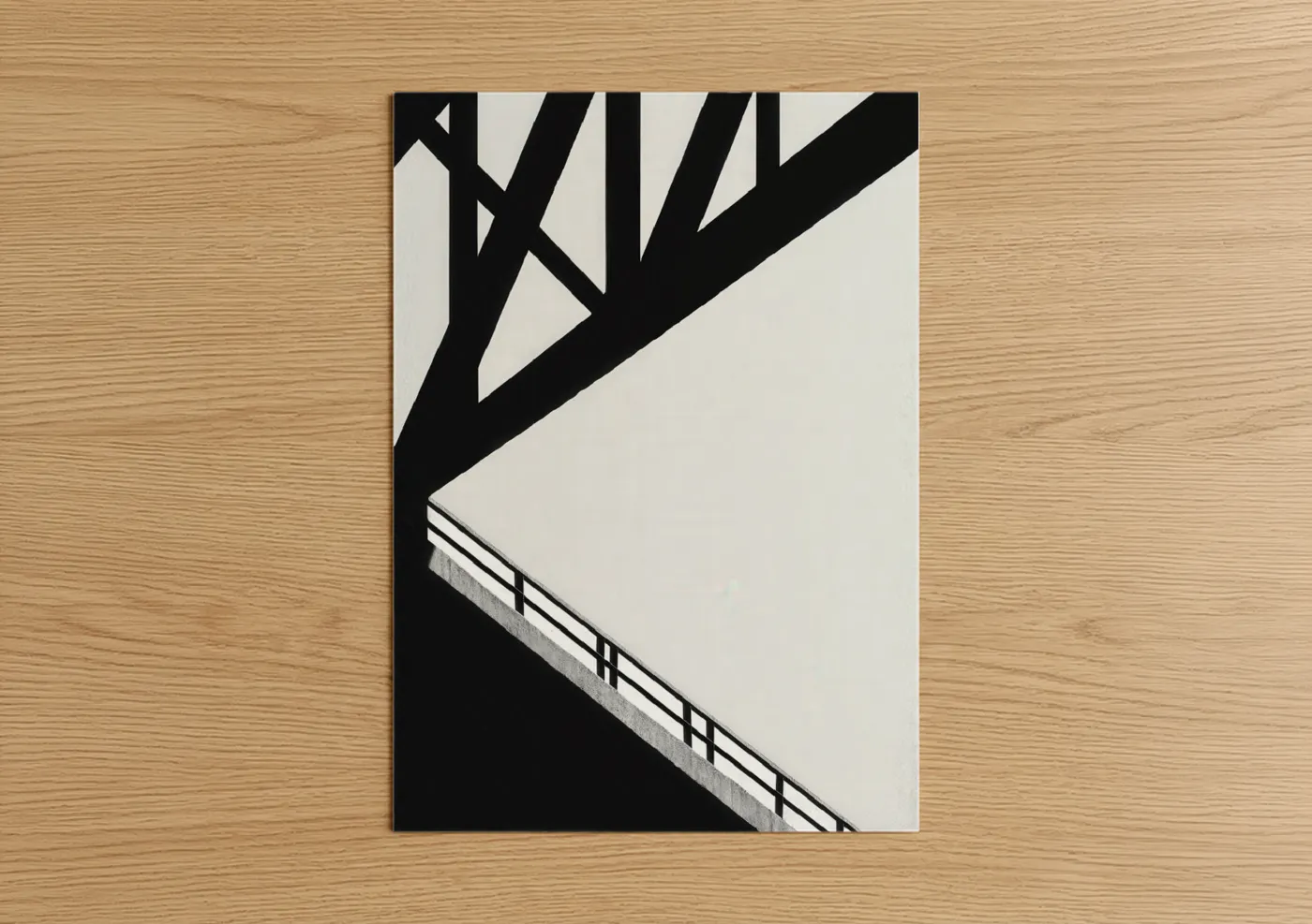 Bridges art print on warm oak wood — black and white palette — Industrial Bridge poster