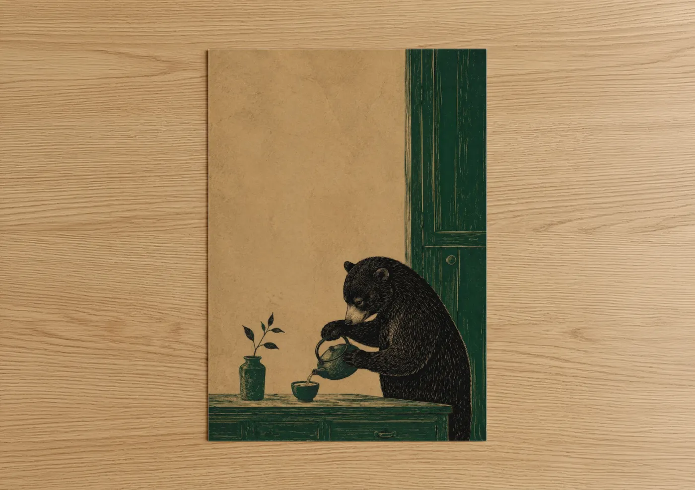 Art print on warm oak wood — true green and cream palette — Bear Pouring Tea Zen Wall Art poster