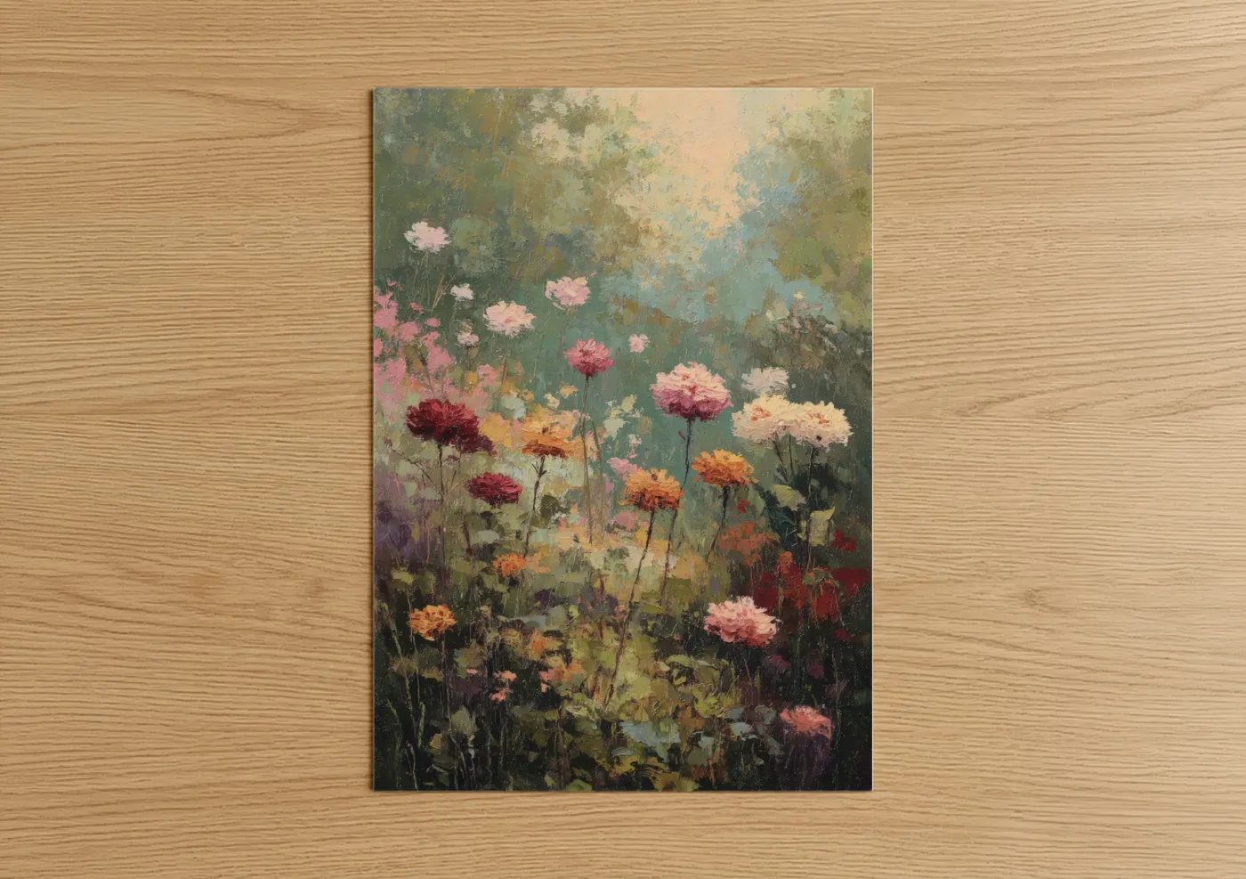 Art print on warm oak wood — sage green and peach palette — Dreamy Dahlia Garden poster