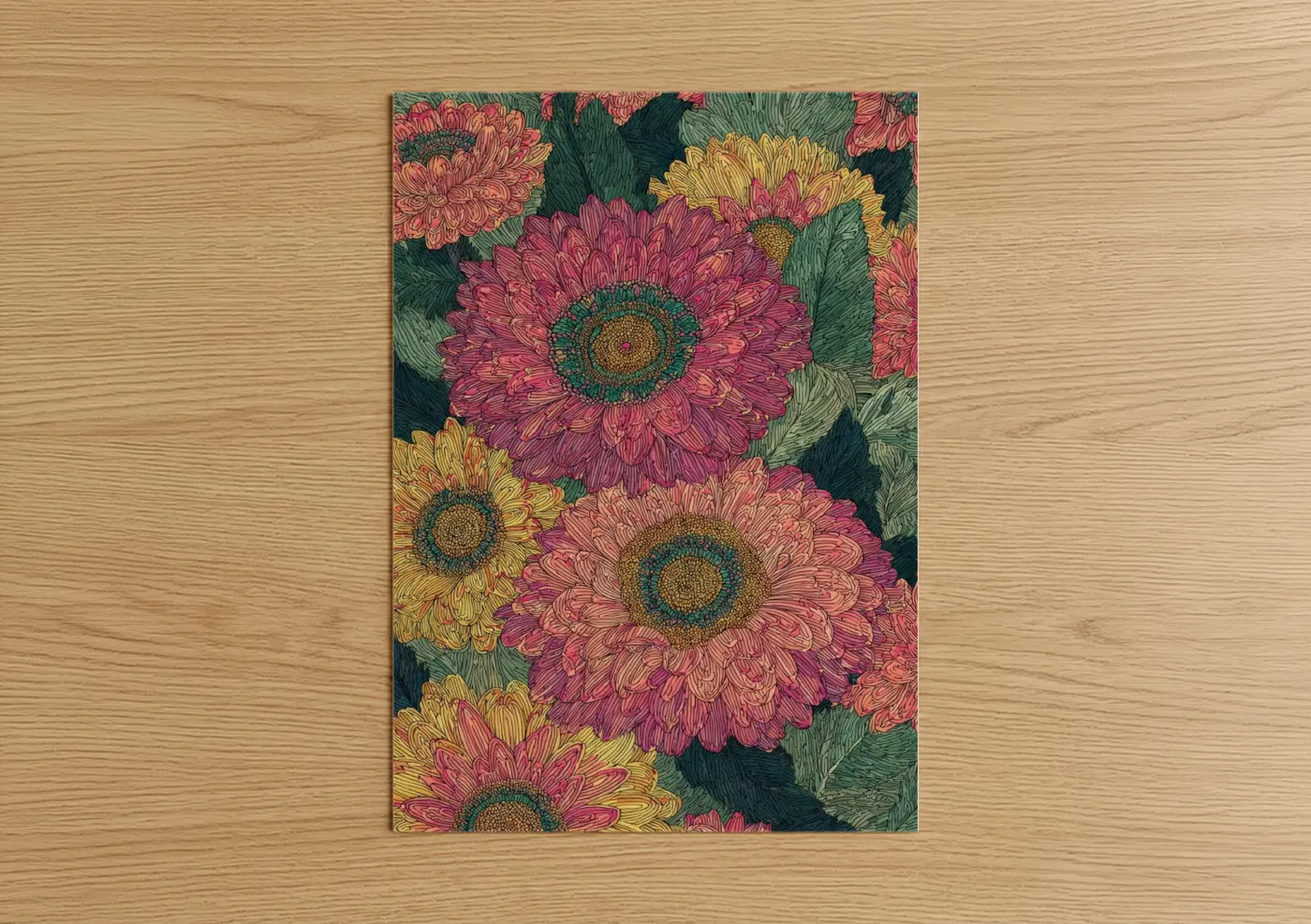 Art print on warm oak wood — magenta and dark green palette — Vibrant Daisy Garden poster