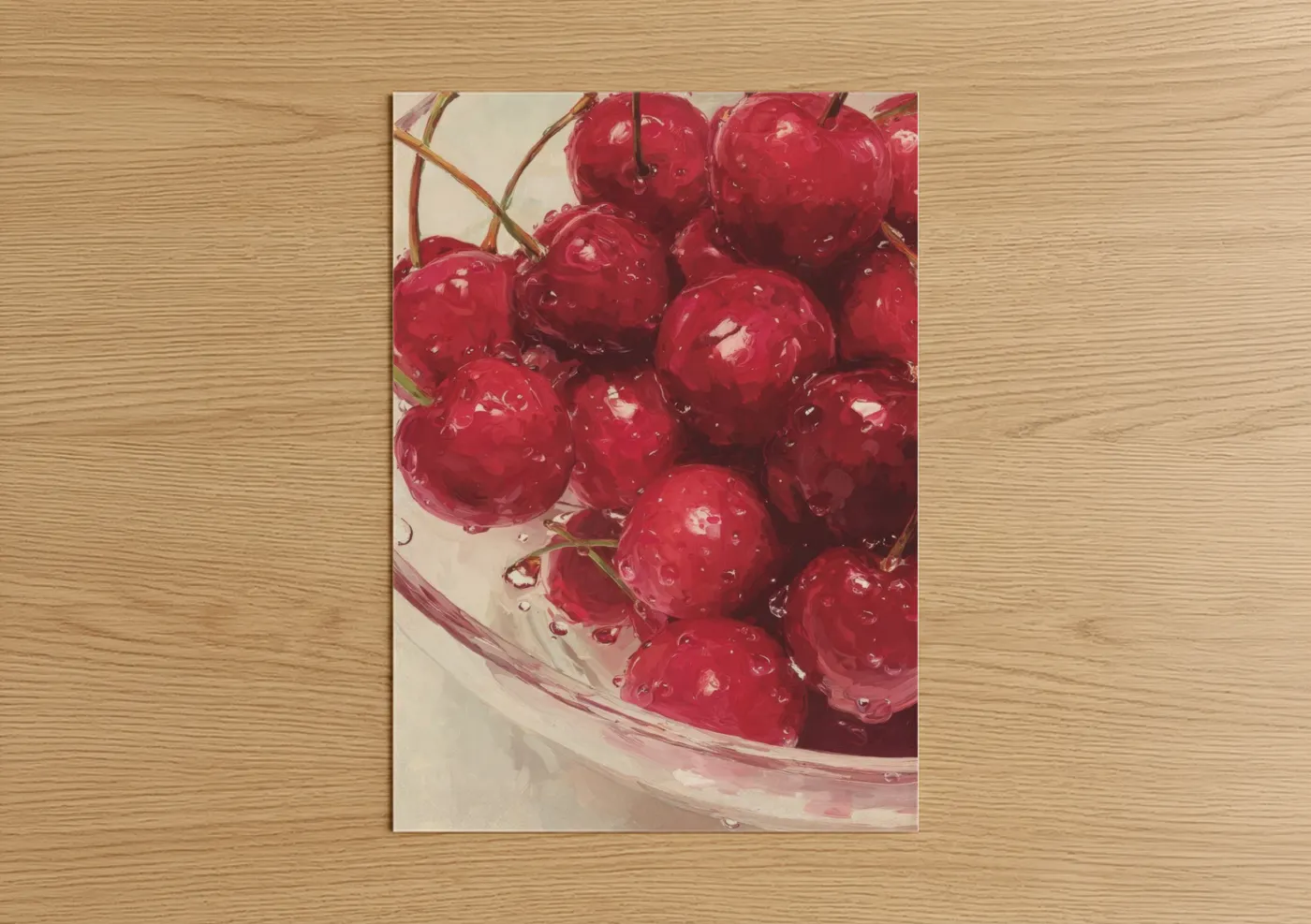 Fruit art print on warm oak wood — red and cream palette — Glossy Cherries poster