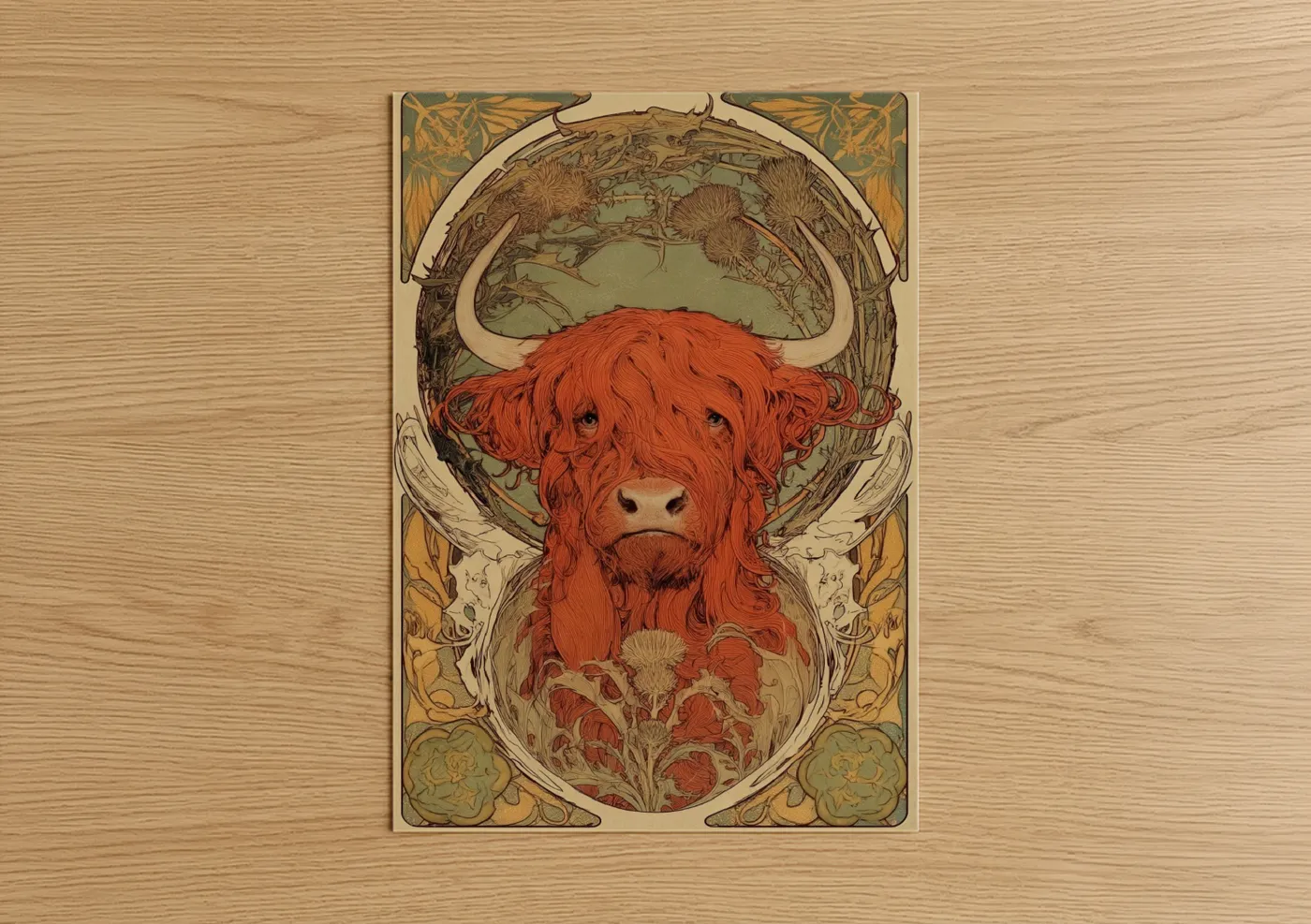 Highland cow art print on warm oak wood — russet and sage green palette — Highland Cattle Portrait poster
