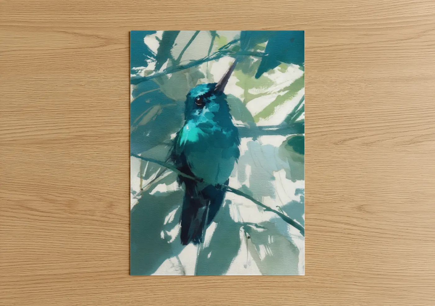 Turquoise Hummingbird Perched Leaf Wall Art