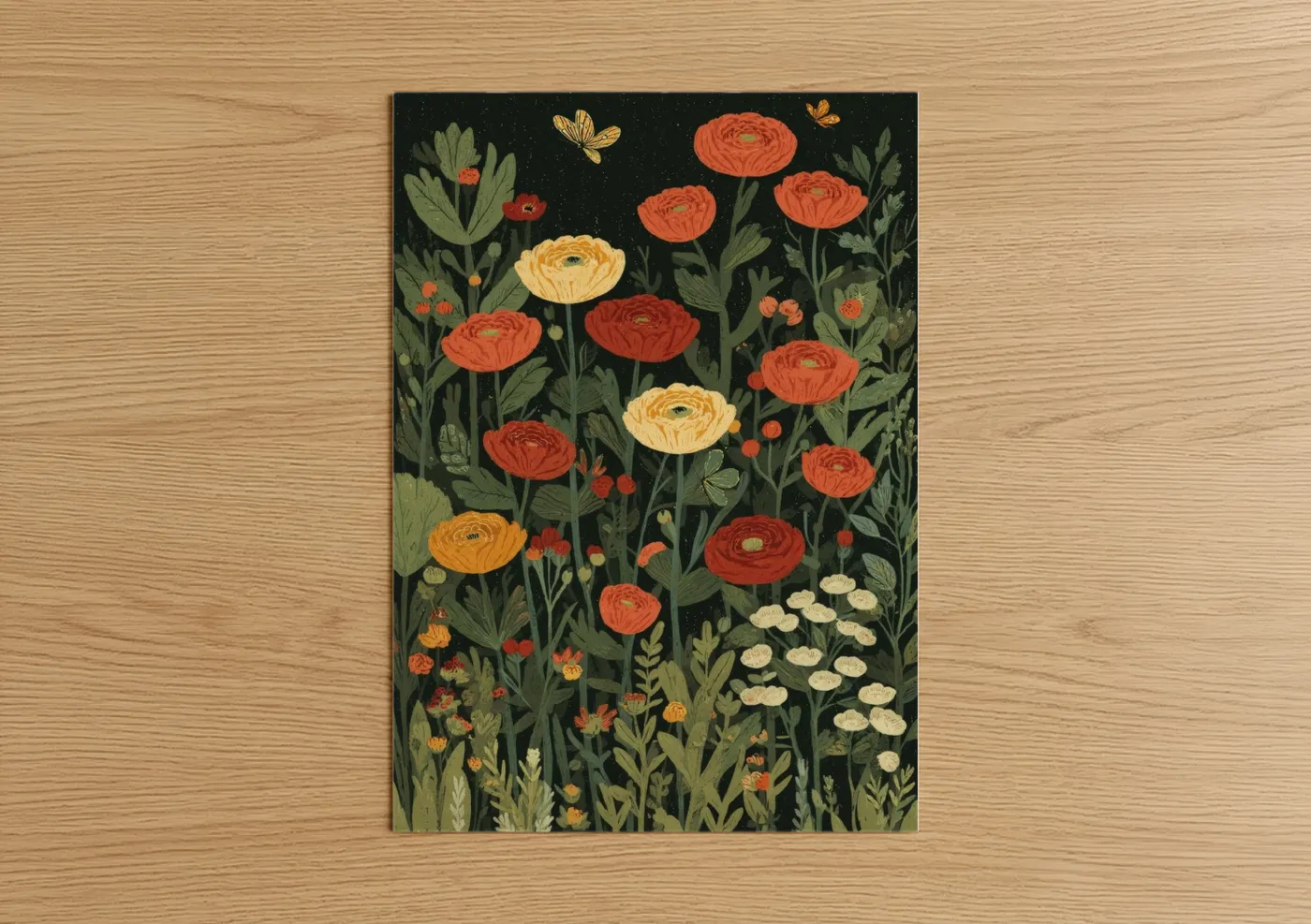 Midnight Ranunculus Garden Illustration Wall Art