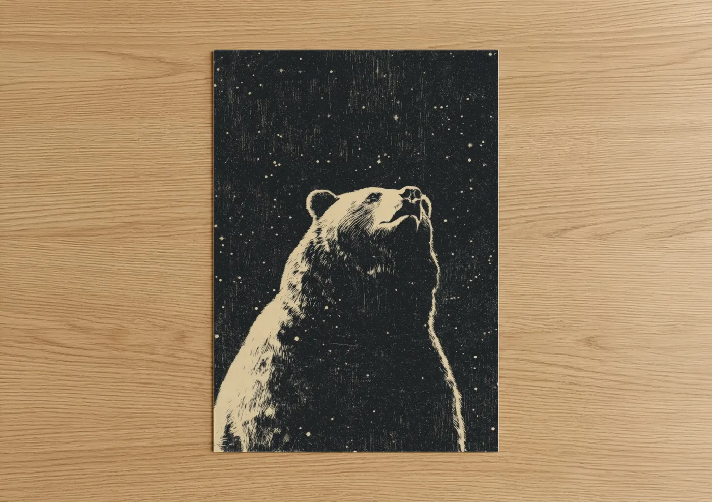 Space art print on warm oak wood — black and white and cream palette — Stargazing Bear poster