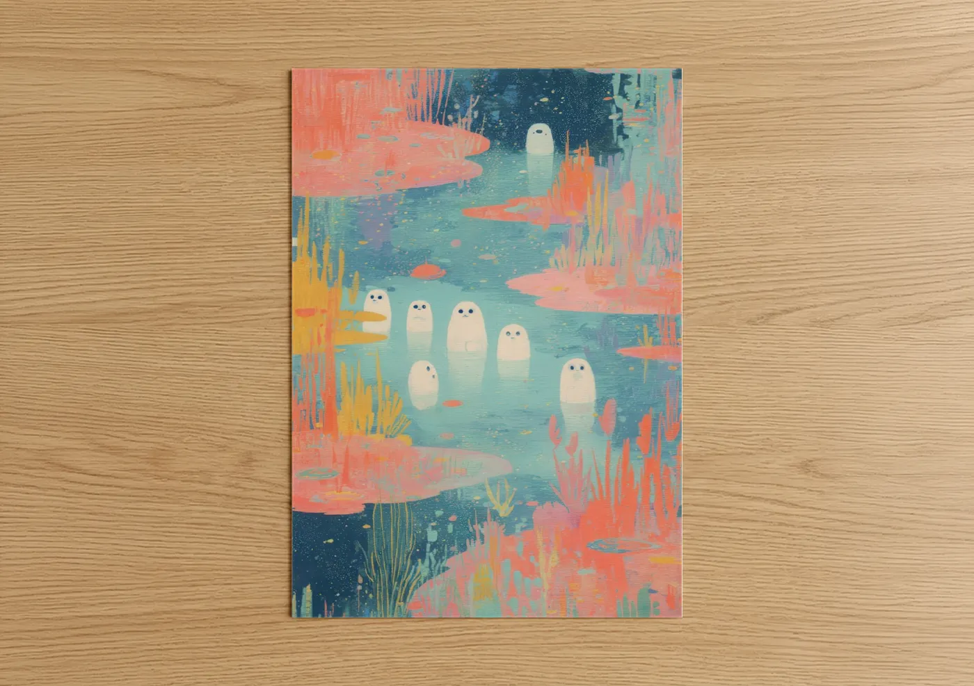 Extraterrestrial art print on warm oak wood — turquoise and salmon pink palette — Alien Pond poster
