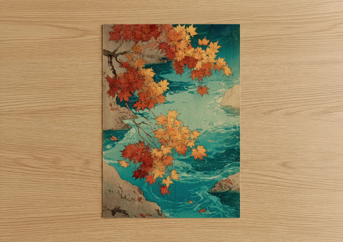Autumn Maple Trees Over Turquoise River Wall Art