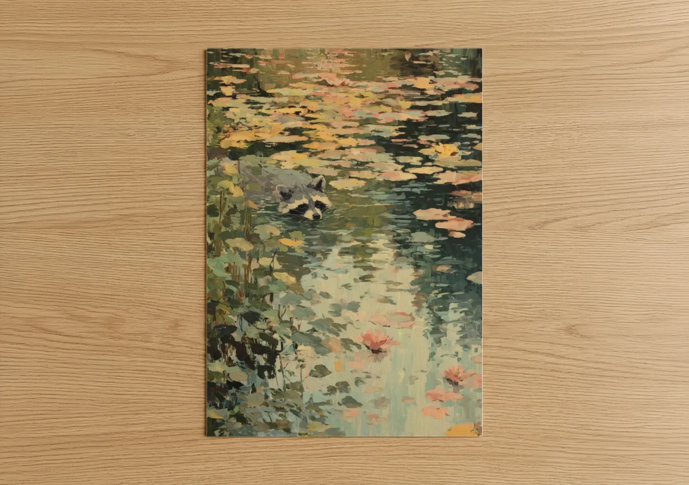 Raccoon Swimming Lily Pad Watercolor Wall Art
