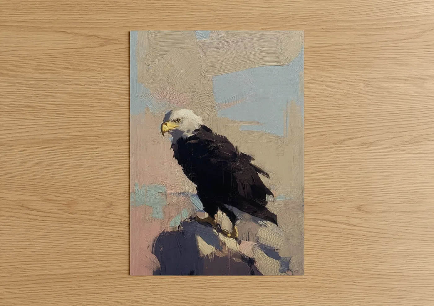 Art print on warm oak wood — cream and blue and white palette — Majestic Eagle poster