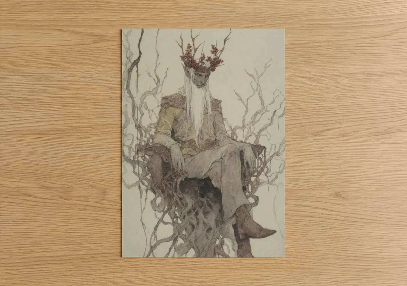 Art print on warm oak wood — beige and maroon palette — Forest Guardian Elf poster