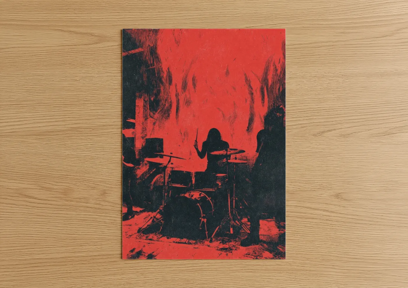 Death metal art print on warm oak wood — red and black palette — Inferno Drummer poster