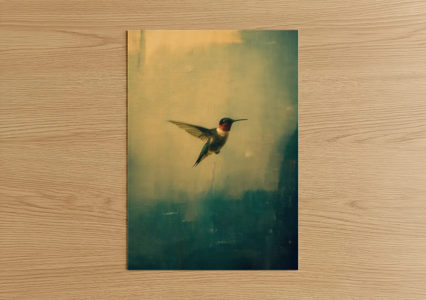 Art print on warm oak wood — teal and gold palette — Crimson Hummingbird poster