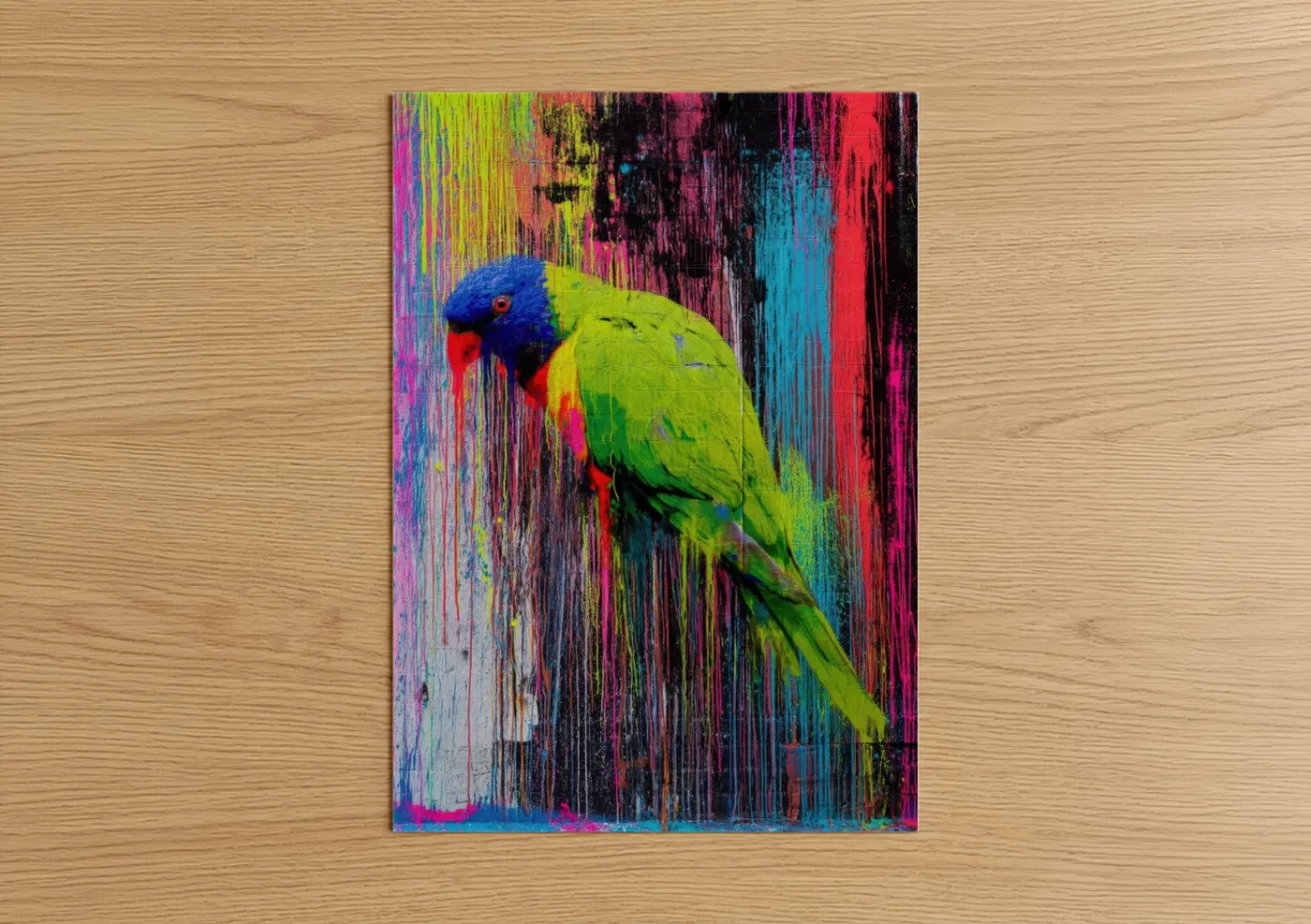 Safari parrots art print on warm oak wood — magenta and lime green palette — Neon Parrot poster