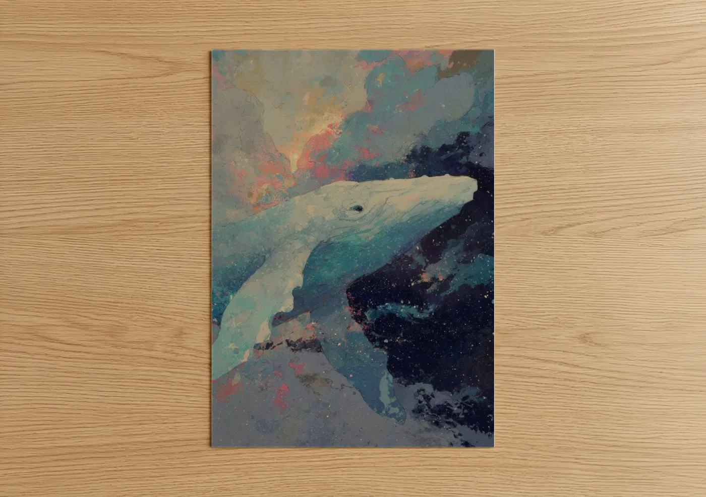 Gray whale art print on warm oak wood — teal and cream palette — Cosmic Whale poster