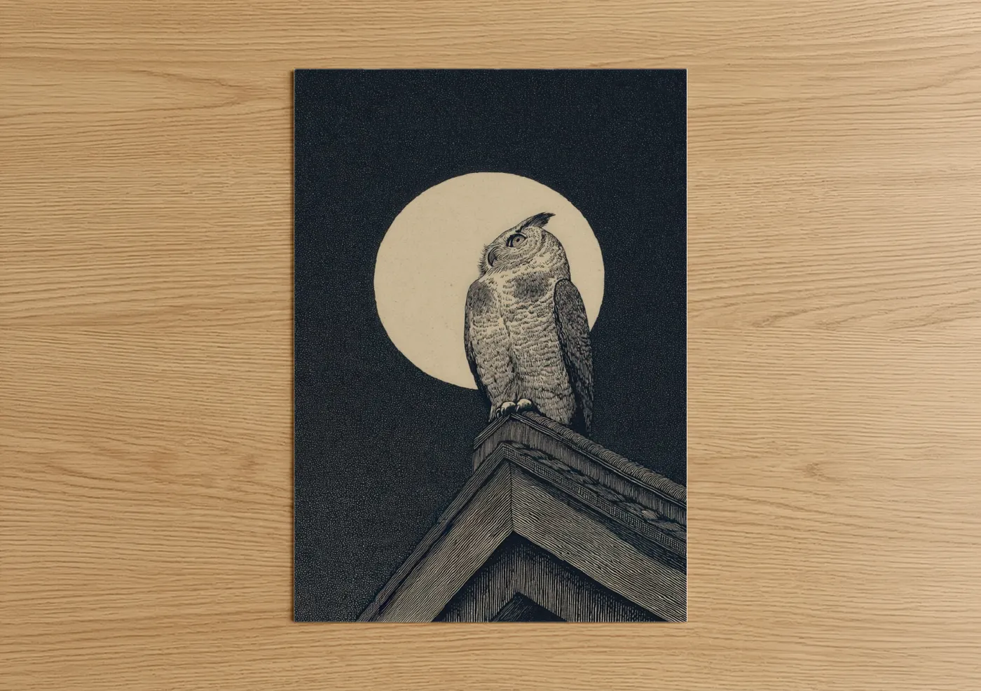 Pantheon art print on warm oak wood — cream and black and white palette — Nocturnal Guardian poster
