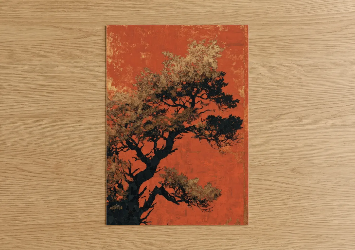 Juniper tree art print on warm oak wood — gold palette — Russet Juniper poster